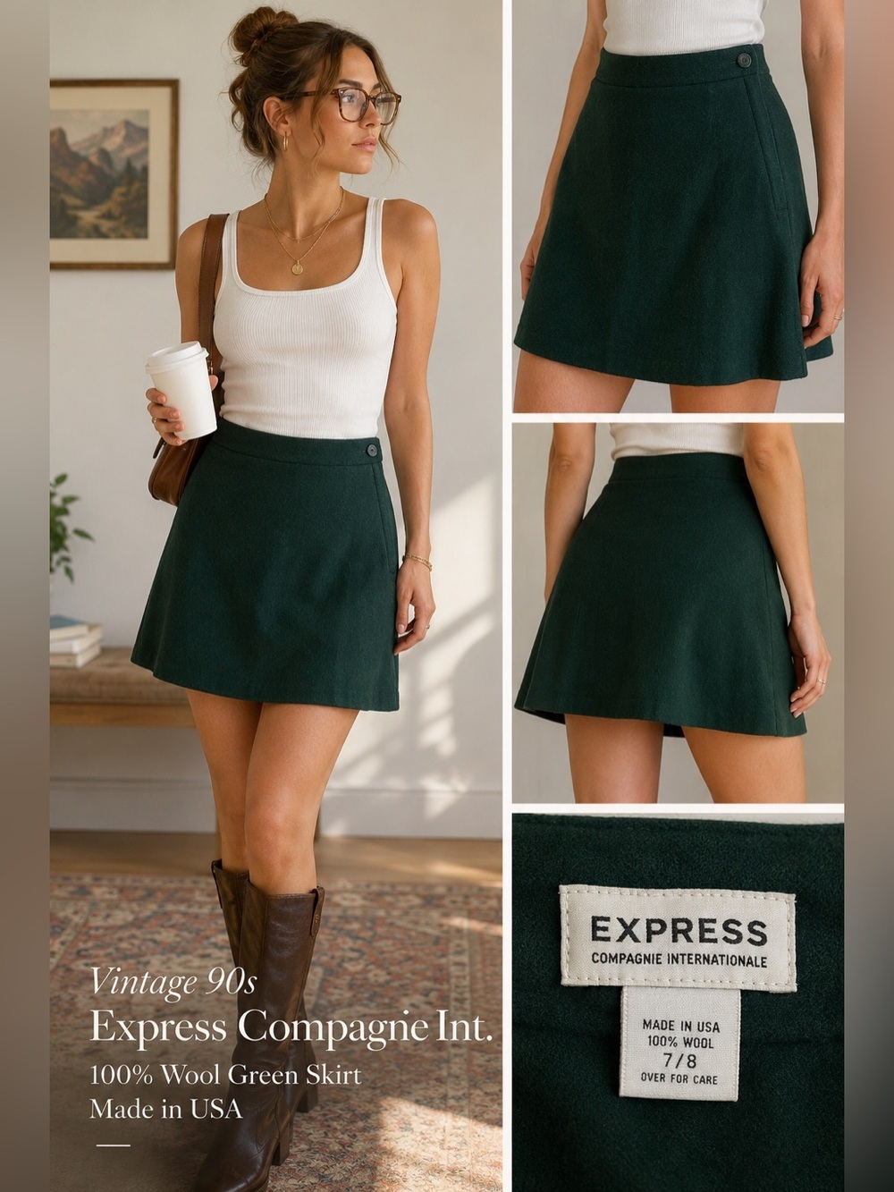 Vintage 90s Express Compagnie Int. 100% Wool Green Skirt NWT Made in USA